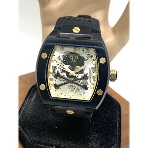 Philipp Plein Mens Watch PWBAA0521 Skull Automatic Silver Black Rubber Band 44mm